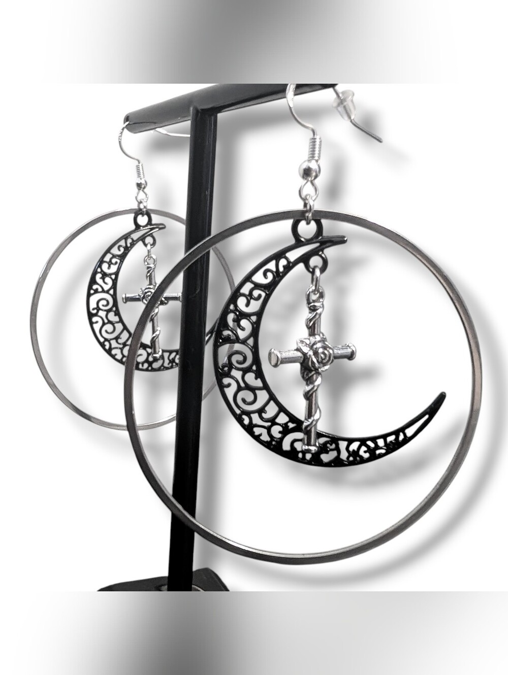 NWT Handmade Black Crescent Moon Silver Cross Hoop Earrings